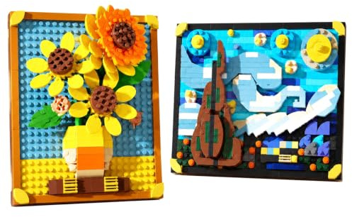 2PCS Starry Sky & Sunflower Building Blocks Set, Famous Painting Mini Bricks, Wall Art with Frame, Building Bricks for Collecting & Desk Decor, Creative DIY Educational Toy Gifts for Adults, Teen
