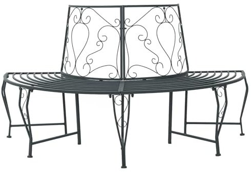 Holekex Trädbänk, 4-sits, 160 x 80 x 89 cm, stål, silver, grå, väderbeständig, trädgårdsbänk med ryggstöd, halvcirkelformad för terrass, balkong och utomhusbruk