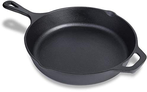 MOZUVE 10 Inch Cast Iron Skillet, Frying Pan with Drip-Spouts, Pre-seasoned Oven Safe Cookware, Camping Indoor and Outdoor Cooking, Grill Safe, Restaurant Chef Quality
