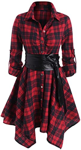 OLIPHEE Women's Shirt Dress Check Tartan Shirt Long Sleeve Blouse Mini Dress Long Top Waist Belt Plaid Shirt Skirt Red S