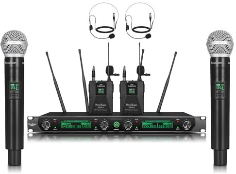 MicrocQueen UHF Wireless Microphone System, 4-Channel Cordless Mic Set with Handheld/Bodypack/Headset/Lapel, Metal Build, Fixed Frequency, 400ft Coverage, Ideal for Karaoke/Party/Wedding/Concert