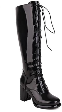 JIEEME Bottines montantes au genou en cuir verni Bout rond Fermeture éclair Lacets Talon haut Talon haut avec bottes longues faites à la main Grande taille Z529-51, Noir , 37 EU