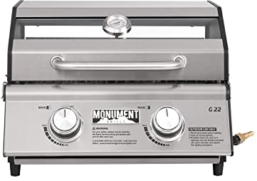Monument Grills Clearview - Griglia a gas propano a 2 fuochi, da tavolo, per esterni, portatile, da campeggio, con serrature da viaggio, coperchio alto in acciaio inox e termometro integrato