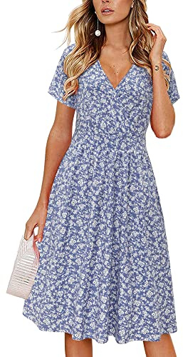 VOTEPRETTY Women's Short Sleeve V Neck Wrap Summer Dress Casual Floral Sundress with Pockets