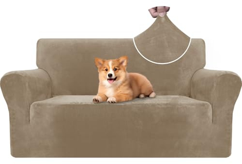 CYCMACO Samt Sofa Überzug 2 Sitzer, Sofabezug Elastische, Couch Überzug Haustier Katze Hunde, Universal Sofa Cover Moderne, Sofahusse Mit Armlehnen, Sofaschoner rutschfest, Kamel