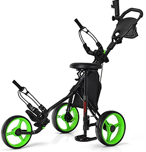 GYMAX Carro de Golf, 3 Ruedas, Plegable, Carrito de Golf de Empuje con 4 Posiciones Ajustables en Altura, Paragüero y Asiento Ajustables, Bolsa, Portabebidas, Freno de Pie (Verde)