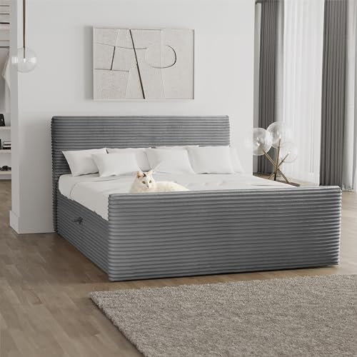 Kaiser Möbel - Bett 180x200 cm, Boxspringbett mit Bettkasten und Topper, Cord Schlafzimmerbett, Doppelbett mit Stauraum und Gepolstertes Kopfteil, Toppermatratze aus Viscoschaum - Trento - Dunkelgrau