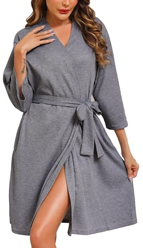 Lovasy Peignoir Court Femme en Tricot Gaufré Robes de Chambre Doux et Léger Longueur du Genou Loungewear Col V avec Ceinture