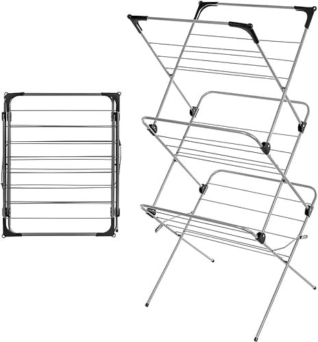 1ABOVE Premium Quality, Alloy Steel 3 Tier Clothes Airer Dryer Laundry Drying Washing Line Horse Indoor Outdoor Towel Rack-15m Drying Space- Non-Slip Feet and Corner spaces for Hangers- Black & Grey