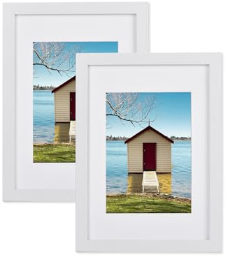 Atryinous Cornice portafoto DIN A4, 21 x 30 cm, in legno MDF bianco, in vetro acrilico con passepartout di carta, per formato A5, 15 x 21 foto, da appoggiare o appendere foto, poster, album, set da 2