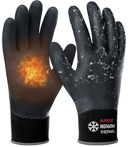 KAYGO guanti da lavoro termici impermeabili, fodera calda isolata, doppio rivestimento in lattice, per la conservazione del congelatore Tempo freddo Giardinaggio, KG160W (Nero, L, taglia 9, 1 paio)