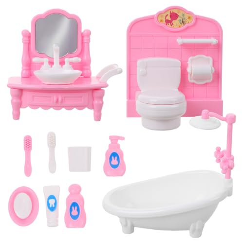 JOINPAYA Ensemble de meubles de salle de bain miniatures 10 pièces Accessoires de maison de poupée avec baignoire WC lavabo salle de douche Meubles miniatures pour salle de bain Décoration de maison