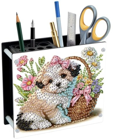 SHEGZHUC 13x11.8cm Diamond Painting Stiftehalter Schreibtisch Hund Blumenkorb Organizer Diamant Malerei Stifte Organizer Stifteköcher Pinselhalter Spezialsteine Geschenke für Büro Schule Haushalt