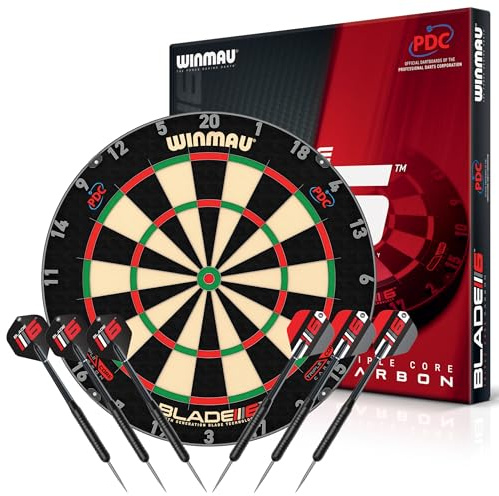 WINMAU Triple Core – Profi Dartscheibe Steeldart aus Sisal mit 2 Sets Winmau Darts | Turnierfähige Dartscheibe mit höchster Präzision – klassisches Dartboard Set für Training & Wettkampf