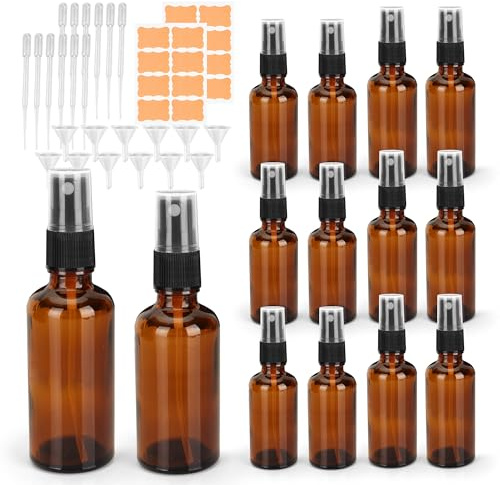 WENLISELL 12 PCS Amber Glass Spray Bottle with Label, 30ml and 50ml Small Spray Bottles with Dropper, Refillable Glass Sprays Bottle with Funnels for Aromatherapy, Perfume, Cosmetic Travel Sprays