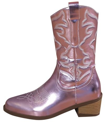Bottes de cowboy brillantes pour femme - Vintage - Brodées - Bout pointu - Talon épais - Bottes de cowgirl métalliques à enfiler - Chaussures d'équitation occidentales rétro confortables, rose, 37.5
