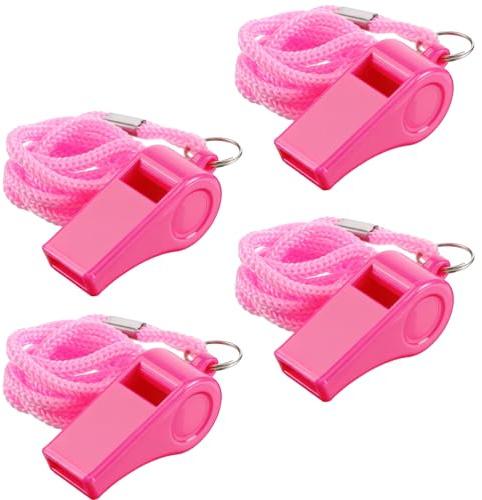 XLIUAX 4Pcs Pink Whistle, High-Pitched Pink Plastic Whistles with Lanyard for Coaches, Outdoor Enthusiasts, Dog Training, Party Favors, Basketball