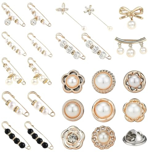 24 Pcs Decorative Safety Pins, Brooch Pins for Women, with No Sew Women's Shirt Buttons, Cover Up Brooch Buttons, for Bags, T-Shirt, Clothes, Hat Decoration