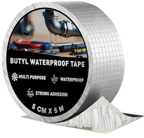 Butyl Tape Waterproof for Leaks, Roof Sealant Tape for Leak Repair, Patch and Seal Tape for Roof, Window, Glass, Silicon and Pipe Sealing, Aluminium Foil Tape, Silver, 50 MM X 5 M