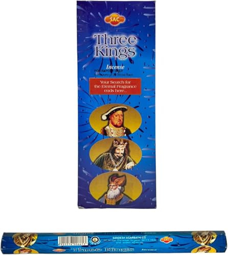AROMASENSES Incienso Tres Reyes Sac | Caja de 6 Tubos Hexagonales con 20 Varillas | Notas de Olíbano y Mirra y Fondo Dulce Que Simboliza el Oro – Majestuosidad y Espiritualidad | Incienso de La India