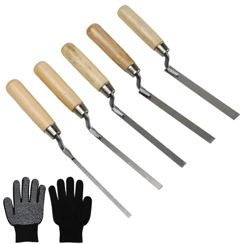 5 Pezzi cazzuola per fughe,Cazzuola per Fughe e Mattoni 6/8/10/12/15 mm,Cazzuola per Stuccatura con Lama Flessibile in Acciaio Inox,Con guanti,con manico in legno