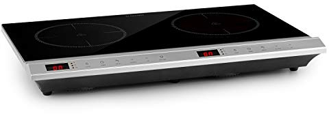 Klarstein MisterCook Duo - Plaque de cuisson infrarouge, 2 zones de cuisson, 3000W, 10 réglages de puissance et de température, 90-650 °C, Minuterie, Commande tactile, Argent