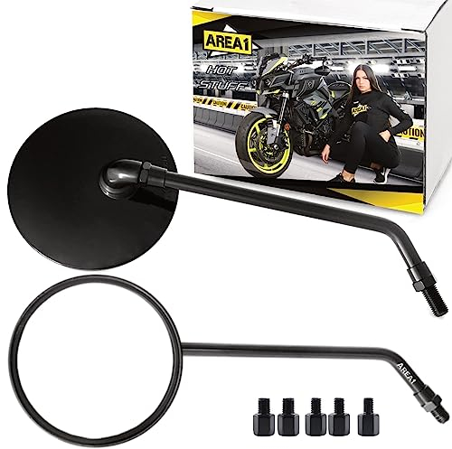 Area1 Universal Motorrad Rückspiegel Paar e-geprüft 2xM10 Rechtsgewinde + 5Adapter, Spiegel für Vintage Custom Chopper Retro Naked-Bikes Scrambler Streetfighter Cafe-Racer (rund/schwarz)