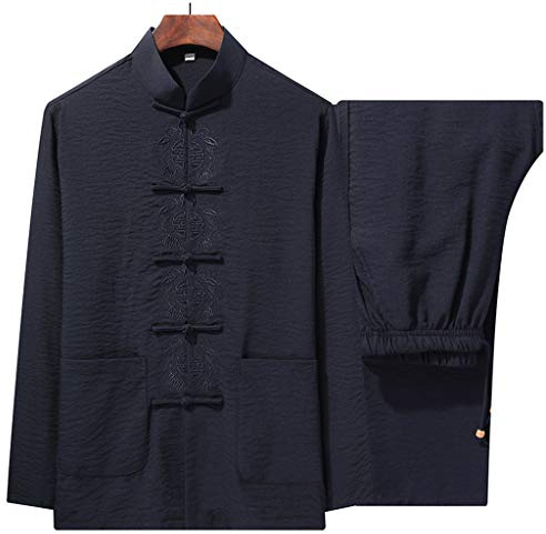 Set da Uomo Tang Suit, Hanfu Tai Chi Uniforno Lino, Vestiti Tradizionali Cinesi Manica Lunga Kung Fu Uniforme da Uomo Camicia da Uomo Kung Fu Camicia Camicia Cappott black-170