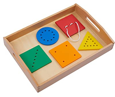Wooden Toddler Beads and String Lacing Toy Set with Tray - Educational Threading Game for Fine Motor Skills Development - Lacing Cards for Toddlers 1-3,Montessori Toys for 2 3 4 Year Olds(5 Shapes)