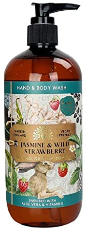 The English Soap Company Anniversary Jasmine and Wild Strawberry Hand and Body Wash - Vegan Friendly, Aloe Vera and Vitamin E - Recyclable PCR Bottle, Luxury Skincare, Made in England - 500ml