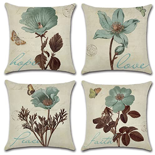 OCEUMACO Leinen Kissenbezug 40x40 Vintage Blumen Kissenhülle 4er Set Quadratisch Sofakissen Dekokissen Bezug für Couch Butterfly Kissen Kissenbezüge Outdoor Deko Zierkissen Couchkissen - Grün