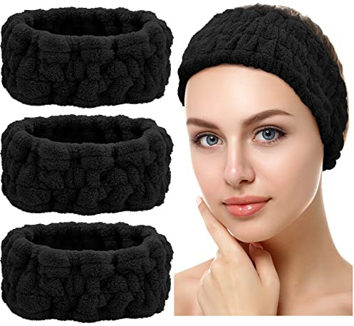 3 Pièces Bandeaux de Lavage de Visage Serre-Tête de Maquillage Bandeau de Soin de Peau Bandeau Facial de Spa en Polaire pour Femme Fille Sport Yoga (Noir)