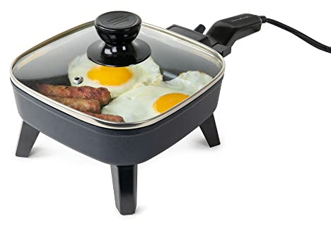 HomeCraft - Sartén eléctrica antiadherente de 7 pulgadas, control de temperatura ajustable, mango de tacto fresco con tapa de vidrio templado, perfecto para dietas saludables Keto y bajas en