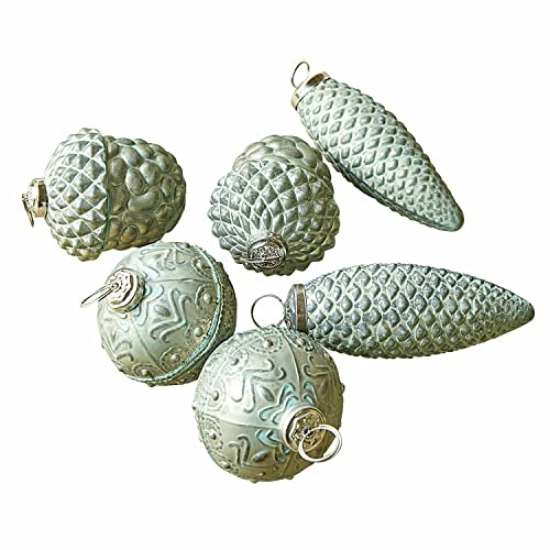 Loberon Weihnachtsschmuck 6er Set Quirat, Weihnachtskugeln, Weihnachtsdekoration, Glas, Messing, H/B/Ø ca. 13/4.5/4.5 cm, grün/Silber