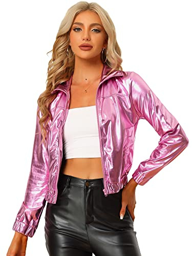 Allegra K Women's Track Jacket Holographic Shiny Long Sleeve Metallic Zip Front Jacket Pink S