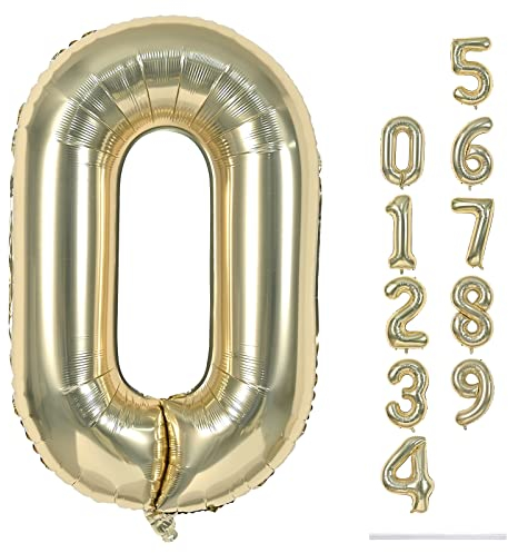 40 Balloon Number 0 Champagne Gold, Large Foil Number Balloons Set 0-9 for Girls Women, Light Gold 0 Helium Balloons for Boys Men Birthday Anniversary Graduation New Year Party Decoration Supplies