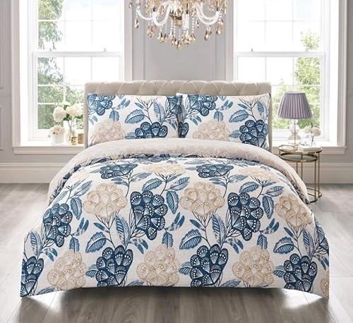PRIME LINENS Duvet Cover Set 4 PcsBrushed Microfibre Quilt Cover Bedding Set With Pillow Cases and Extra Fitted Sheet Included (Bloom Blue, Super King)