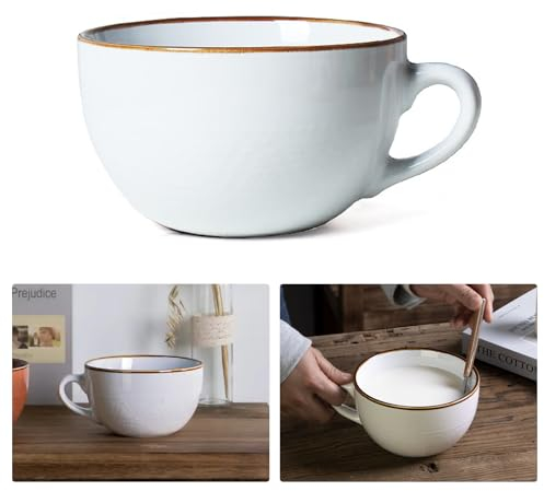 Taza de café grande, 700 ml, gran cuenco para sopa con asa, taza de café XXL, de cerámica, color blanco