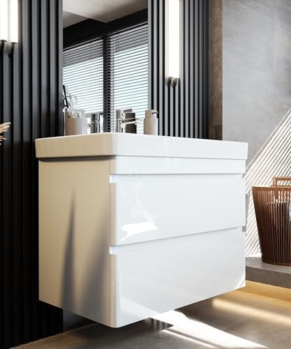 Newroom Waschbeckenunterschrank inkl. Waschbecken lackiert - Weiß Hochglanz - Hängend - mit viel Stauraum - 80x63x46 cm (BxHxT) - Badezimmermöbel, Waschtisch, Unterschrank