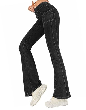 EGSDMNVSQ Jeggings Jeans da Donna Pantaloni Yoga Svasati Leggings Bootcut Pantaloni Sportivi a Vita Alta con Tasche Jeggings in Denim Elasticizzato Jeans Skinny Pantaloni Fitness Pantaloni