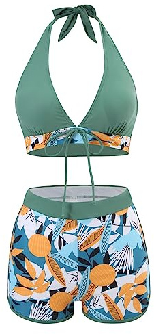 Women's Two-Piece Ladies Tankini Swimsuit - Shorts Split Push Up Swimsuit Floral Print Tummy Control Bathing Suit (L, Green)