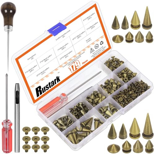 Rustark 179 Stück 8 Größen Bronze Punk Nieten Spitznieten Metall Killernieten Sortiment Set mit Werkzeugen, Spike Bolzen Rostfrei Ziernieten Kegel Spike Nieten für DIY Kleidung Lederhandwerk