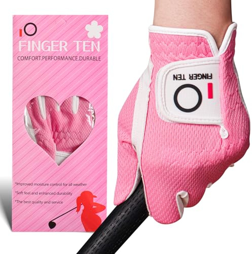 FINGER TEN Damen-Golfhandschuhe, Rechtshänder, Linke Hand, 1 Stück, Golfhandschuhe, Regengriff, heiß, nass, Allwetter-Netzgewebe für Mädchen, Damen, S, M, L (Rose, Small (Worn On Links Hand))