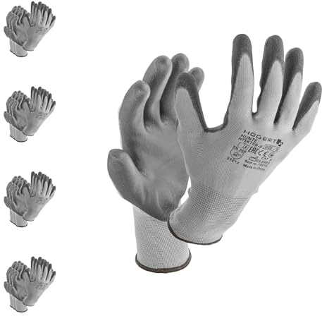 Högert Technik HUNTE Guanti rivestiti in poliuretano, c.grey/nero, taglia 11, 12 paia/confezione, resistenti all'abrasione e flessibili, ideali per lavori di precisione