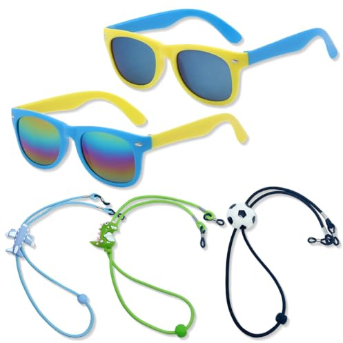 KEWUF 2 Pcs Kids Polarised Sunglasses, Gafas de Sol para Niños y Niñas con 3 Pcs Correa Ajustable, gafas sol niño para Gafas para Niños y Niñas, Playa, Escuela, Compras, Decoración de Fiestas