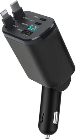 SUNNIFLY Adaptador Cargador Coche 5 en 1, 66W Cargador Rápido Mechero Coche, 2 Cables Retráctiles Tipo C, Compatible con iPhone, Huawei, Samsung, iWatch, Airpods