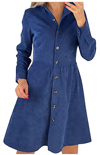 Generisch Herbstkleid Damen Knielang Elegant Cord Blusenkleid Herbst Winterkleid Langarm Revers Tunikakleid Mit Knöpfen Festlich Elegant Autumn Dress Freizeitkleid Blau L