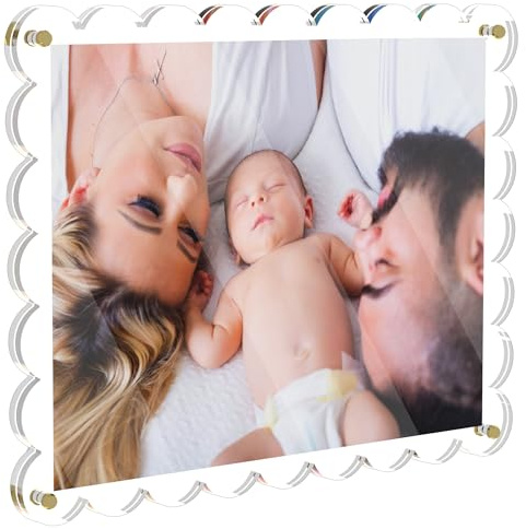 11X14 Acrylic Picture Frame for Wall, Frameless Clear Photo Frame with Scalloped Edge, No Drill Floating Frame for Diploma Certificate Degree Document & Poster/Painting/Artworks Display (1 Pack, Scalloped edge)
