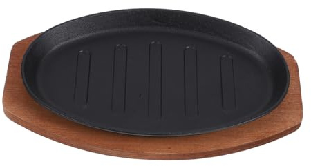 MUSISALY Piastra in Ghisa per Barbecue Professionale con Base in Legno, Padella per Bistecca in Ferro per Servire e Grigliare a Casa