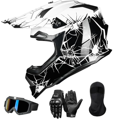 ILM Erwachsene Motorradhelm Motocross Helm Herren Damen Full Face MTB Downhill Dirt Bike ATV Off Road mit Brille Handschuhe Maske ECE22.06 DOT Modell WS-901,Schwarz Weiß,XL